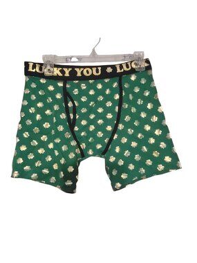 Lucky You Small Green Boxer Briefs Gold Shamrocks Bioworld Cotton/Spandex Blend